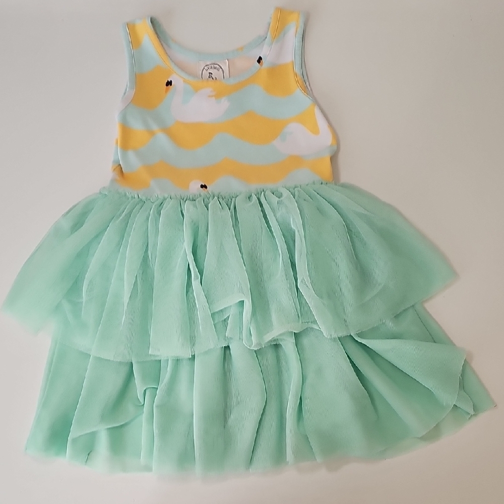 Taylor Joelle Girls size 4 Yellow and Mint Swan Sleeveless Tank Tutu Dress